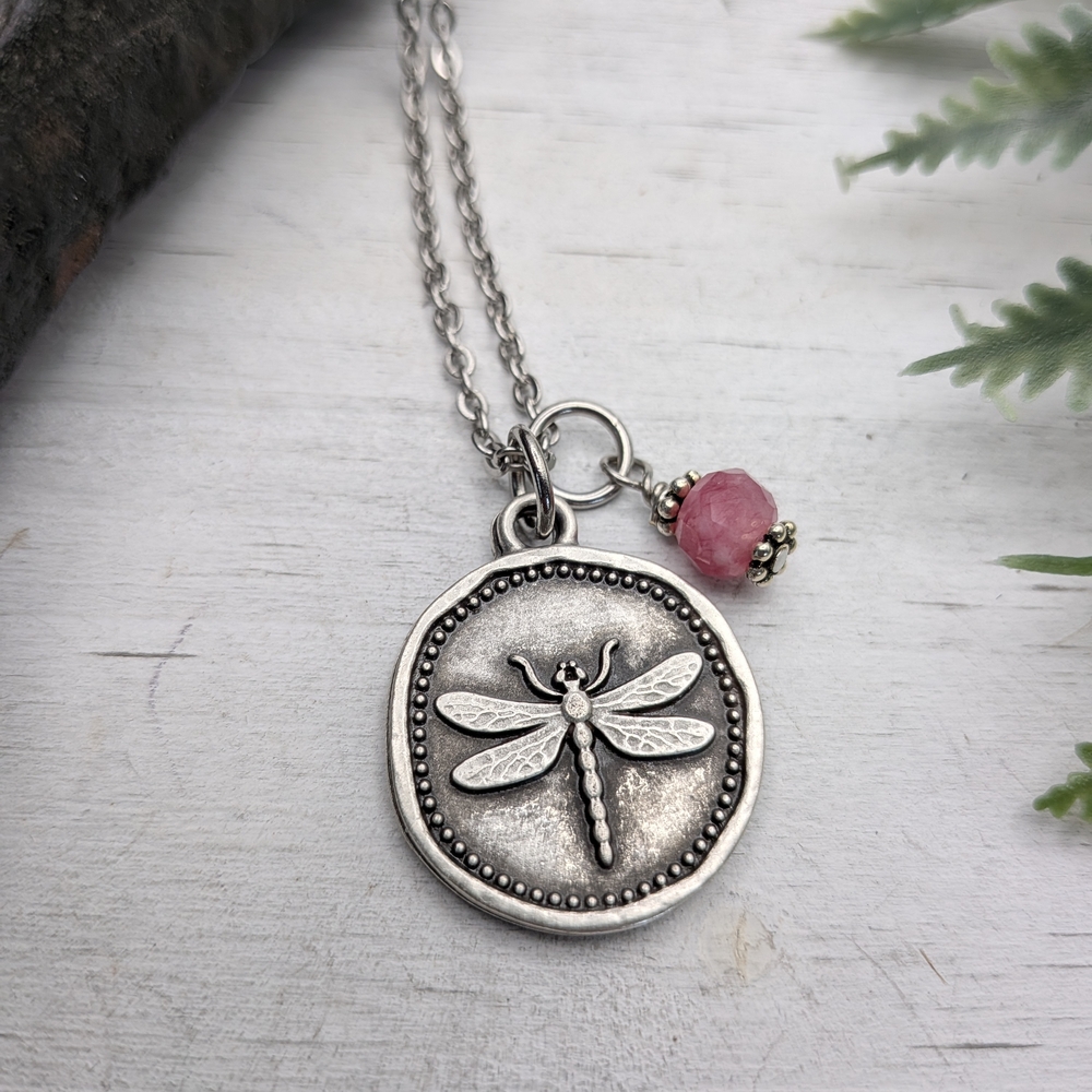 Dragonfly Pendant Necklace with Pink Gemstone